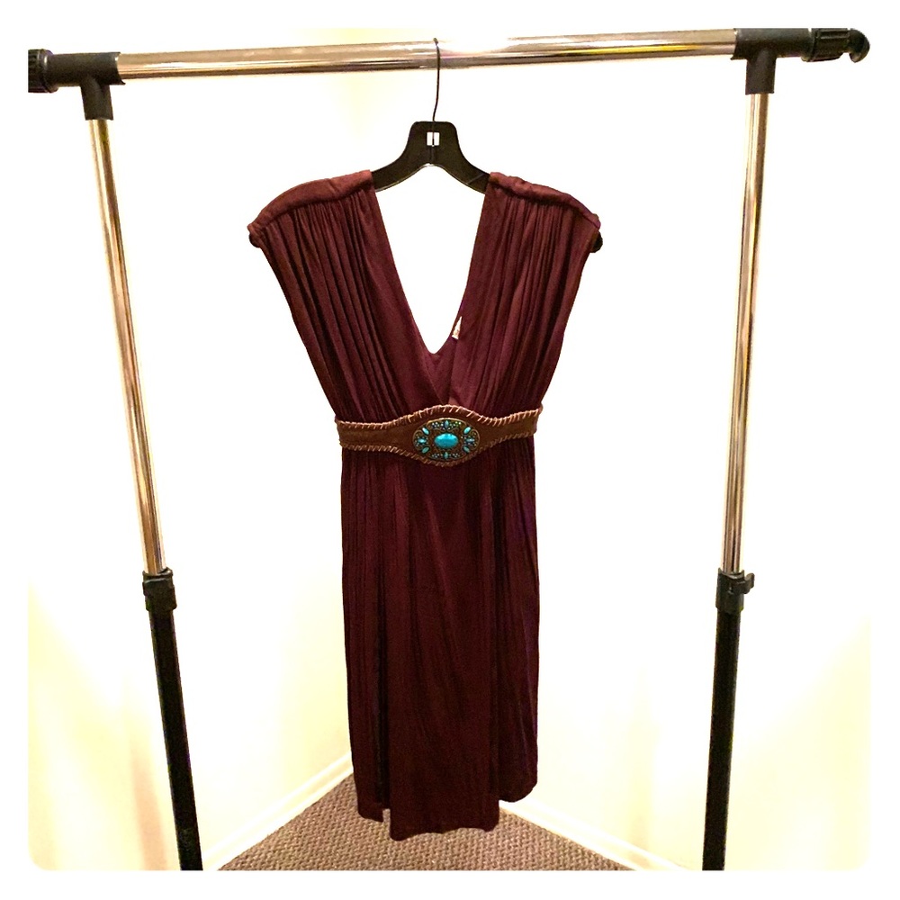 Brown jersey dress with turquoise waist detail